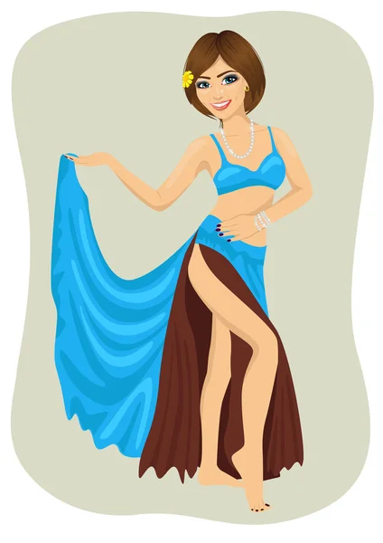 Όμορφη χορεύτρια της κοιλιάς καυκάσιος γυναίκα χαρέμι σε ένα κοστούμι μπλε στάδιο — Διανυσματικό Αρχείο