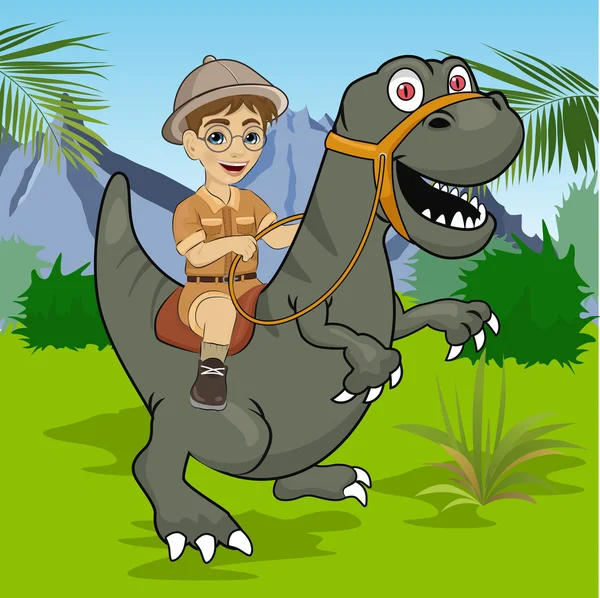 Esploratore bambino cavalcando un velociraptor dinosauro nella giungla — Vettoriale Stock