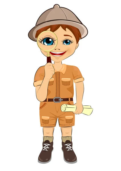 Kid explorer boy with safari hat holding magnifying glass and treasure map — Stock Vector