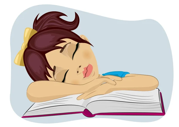 Bonito menina adormeceu em seu livro — Vetor de Stock