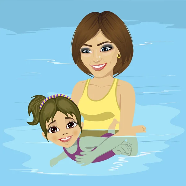 Schöne junge Mutter bringt ihrem kleinen Mädchen das Schwimmen im Schwimmbad bei — Stockvektor