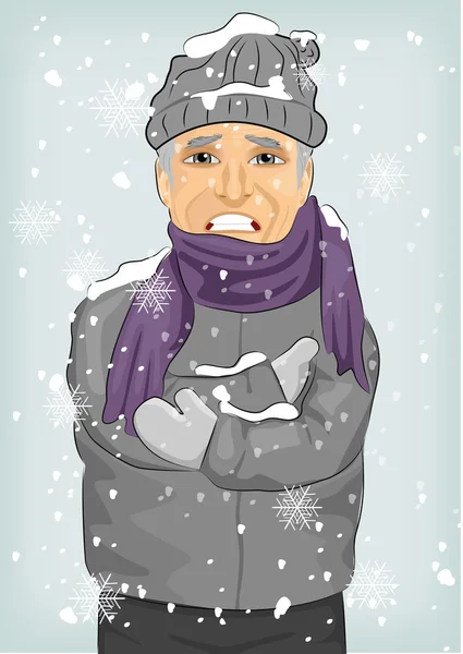Senior man freezing in winter cold wearing woolen hat and jacket with scarf — Stock Illustration Senior man freezing in winter cold wearing woolen hat and jacket with scarf Stock Illustration
