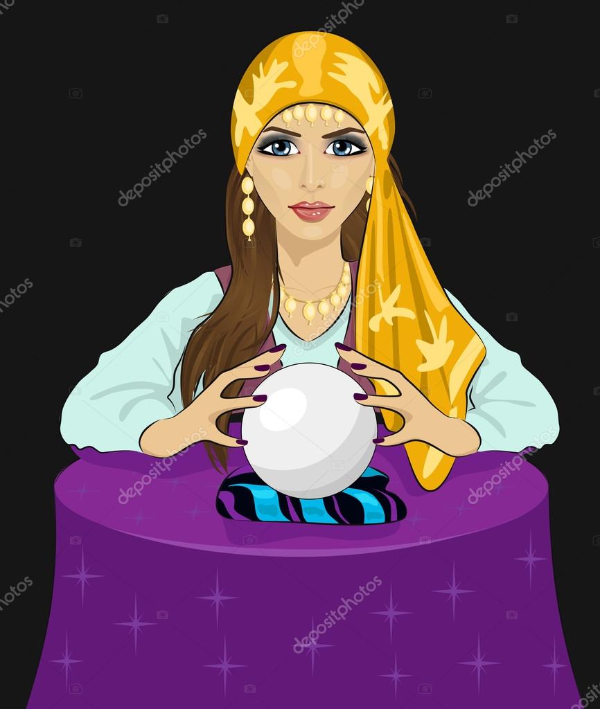 Young fortune teller woman reading future on magical crystal ball Stock