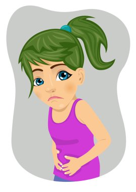Little girl with severe stomach ache or nausea making sad face clipart