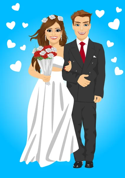 Cute young married couple posing holding a bouquet smiling — Stock Vector