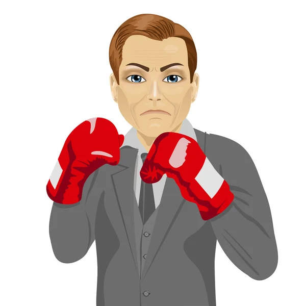 Hombre de negocios listo para luchar con guantes de boxeo — Vector de stock