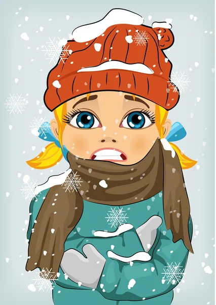 Niña congelándose en invierno con sombrero de lana y chaqueta con bufanda — Vector de stock