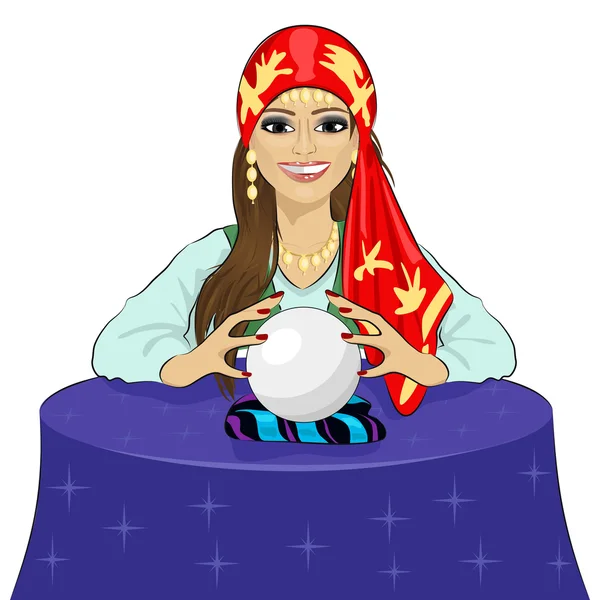Güzel fortune teller kadın büyülü kristal küre üzerinde gelecekte okuma