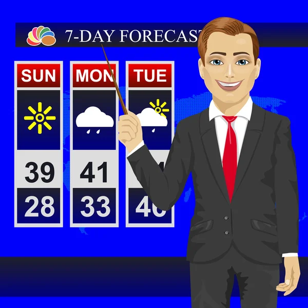 Tv hava haber muhabiri meteoroloji uzmanı spiker işaretçisi ile monitör ekranında raporlama — Stok Vektör