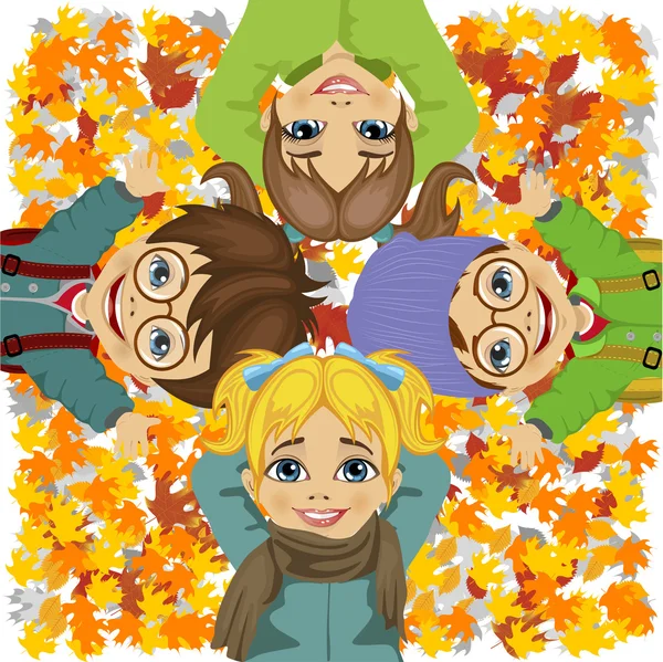 Happy kids lying on colorful autumn leaves in park — Stock Vector