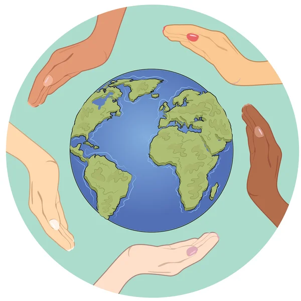 Conceptual symbol of Earth globe with multiracial human hands around it. Unity and world peace concept. — Stock Vector