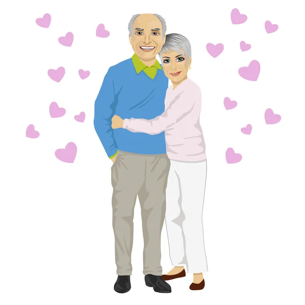 Feliz pareja mayor sonriente abrazándose juntos con corazones rosados — Vector de stock