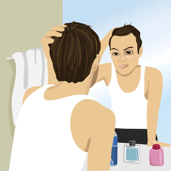 Young man worried about hair loss while looking in mirror — Stock Vector