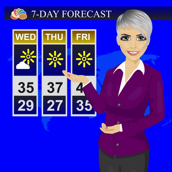 TV weather news reporter meteorologist anchorwoman reporting on monitor screen — Stock Vector