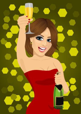 iç çamaşırı ve şişe şampanya ile kırmızı elbise toasting, genç güzel kadın