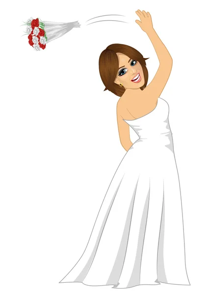 Young beautiful bride tossing a rose bouquet on her wedding day — Stock Vector