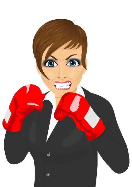 Mulher de negócios irritada pronta para lutar com luvas de boxe — Vetor de Stock