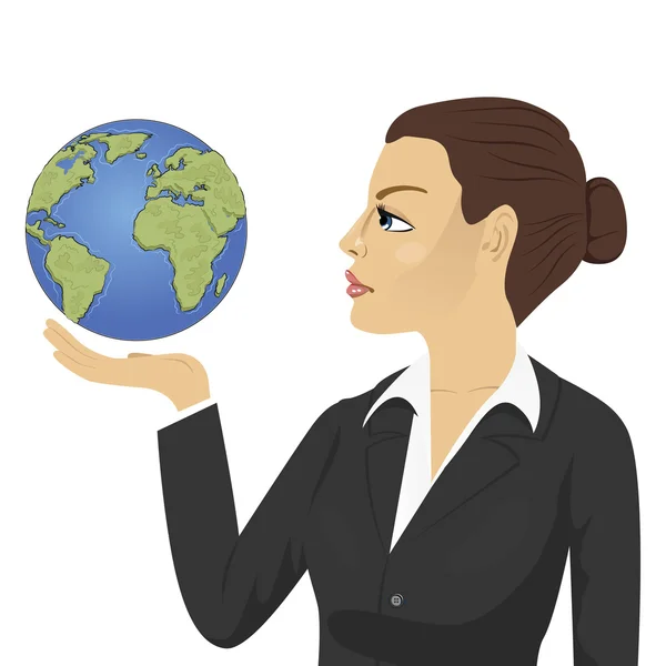 Seitenansicht einer jungen Geschäftsfrau, die einen Globus in der Hand hält und ihn betrachtet — Stockvektor