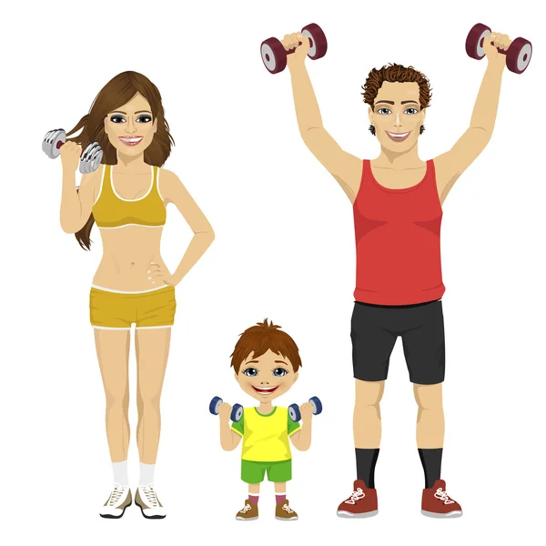 Happy family doing fitness sport with dumbbells — Stock Vector
