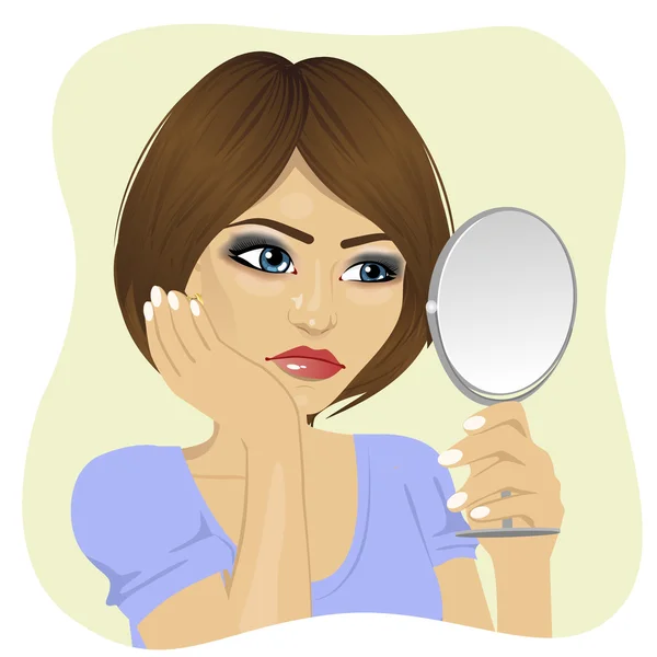 Concerned young woman looking at herself in mirror — Stock Vector