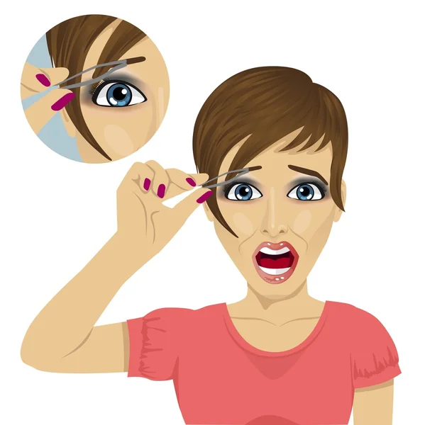 Young beautiful woman plucking her eyebrows with tweezers with a shout of pain — Stock Vector