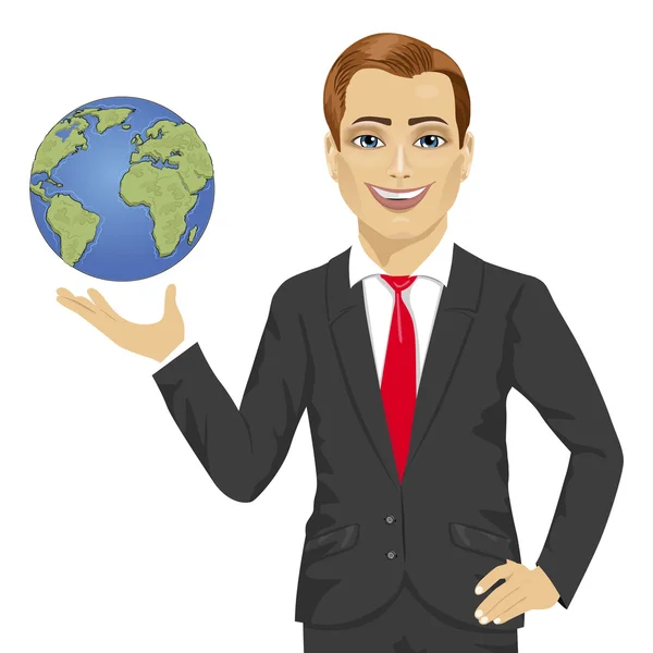Young businessman holding globe in his hand — Stock Vector