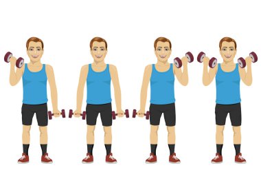 Halter alıştırmalar yapan genç erkek. Aktif yaşam tarzı