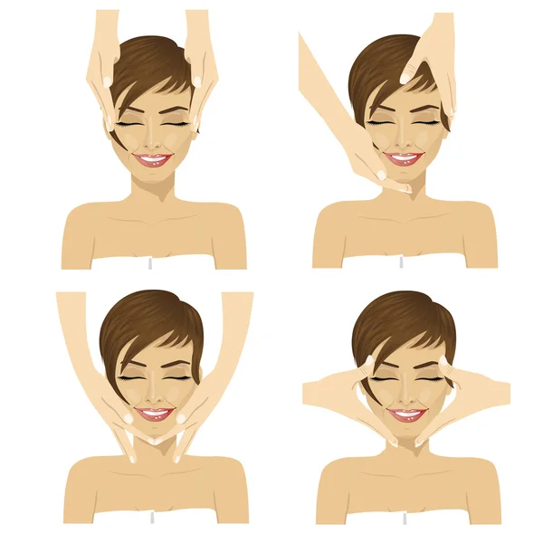 Collage einer jungen Frau im Wellness-Salon, die eine Gesichtsmassage bekommt — Stockvektor