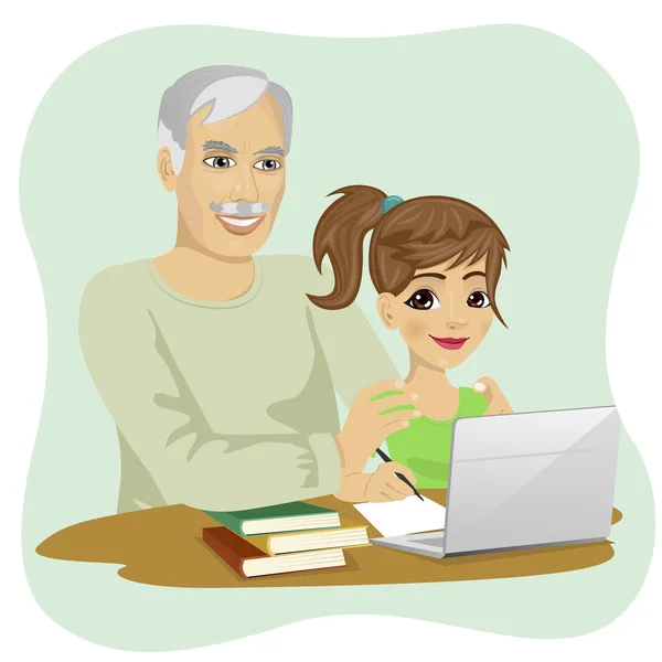 Cute granddaughter helping grandfather to use laptop — Stock Vector