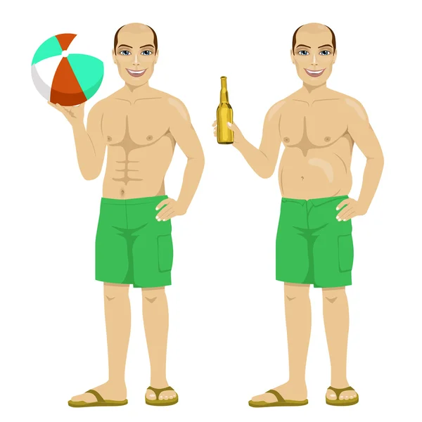 Versão gorda e fina do mesmo homem que prende a garrafa da cerveja e a bola listrada inflável —  Vetores de Stock