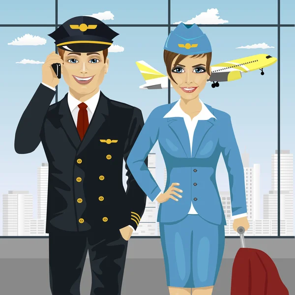 Pilot and air hostess in uniform at airport — Stock Vector