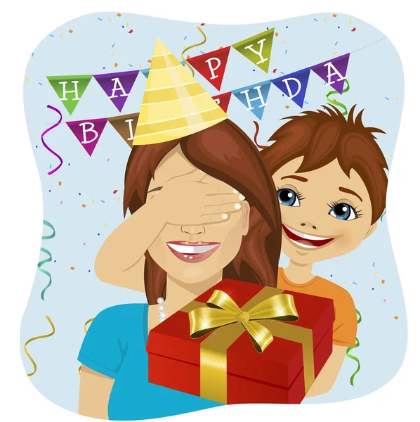 Aranyos fiú anyja szeme, amely meglepetés ajándék, születésnapi évfordulója párt, amely — Stock Vector