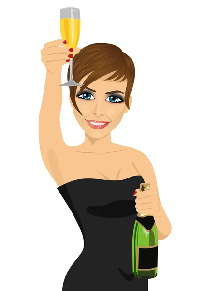 Young beautiful woman toasting with lingerie and bottle of champagne — Stock Vector