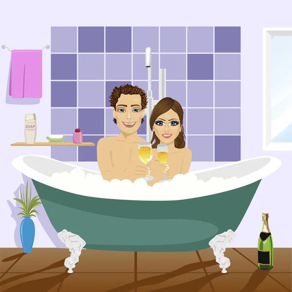 Hermosa pareja joven relajándose juntos y bebiendo champán en el jacuzzi — Archivo Imágenes Vectoriales