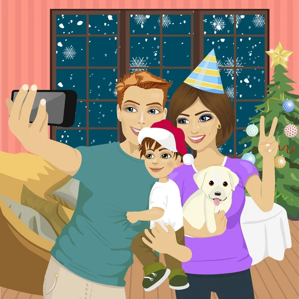 Lächelnde Mutter, Vater und kleiner Sohn machen Selfie mit Kamera über Wohnzimmer und Christbaumhintergrund — Stockvektor