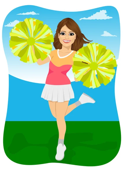 Young cheerleader holding pompoms — Stock Vector
