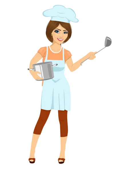 Female chef, cook or baker with pan and ladle isolated on white background — Stock Vector