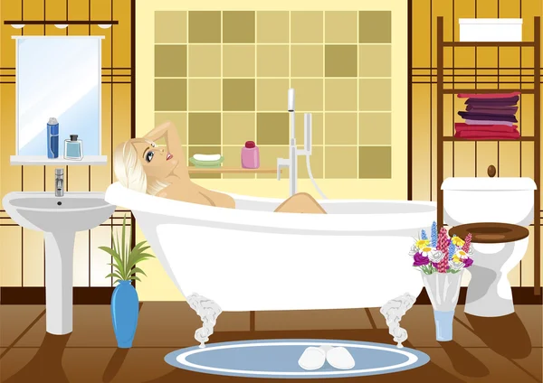 Hermosa mujer relajante en bañera de hidromasaje en casa — Archivo Imágenes Vectoriales