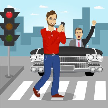 Siyah Cabrio araba ona bağırıyor kızgın sürücü sırasında sms gönderme geçiş sokak genç adam