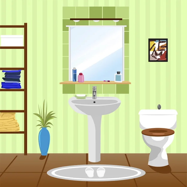 Interno del bagno verde con lavabo, vasca da bagno, WC — Vettoriale Stock