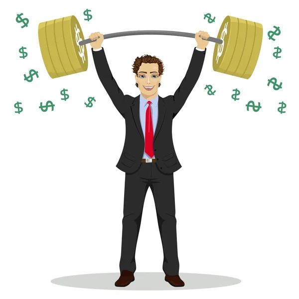 Biznesmen dźwiga ciężkie sztangę z znak dolara. Ilustracja wektorowa na biznes koncepcja siły finansowej. — Wektor stockowy