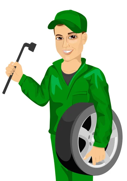 Working man in car repair service holding wheel and wrench — Stock Vector