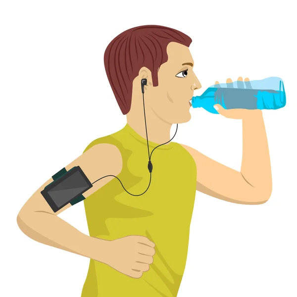 Male runner listening to music on smartphone drinking water — Stock Vector