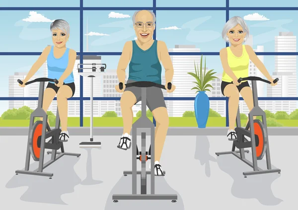 Personas mayores haciendo ejercicio en el gimnasio en bicicletas estáticas — Vector de stock