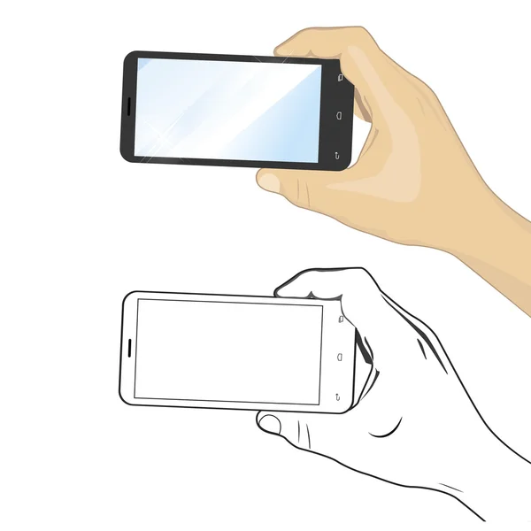 Ручная черно-белая и цветная иллюстрация того же смартфона в руке — стоковый вектор