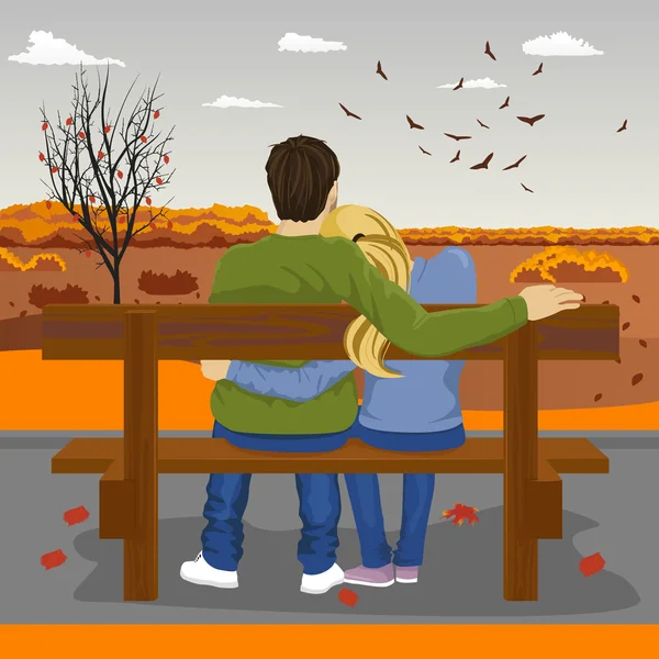 Pohled zezadu na mladý pár, sedí spolu na lavičce venku na podzim — Stockový vektor