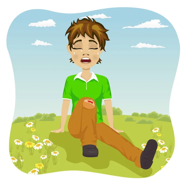 Плачущий мальчик с раненой ногой в парке — стоковый вектор
