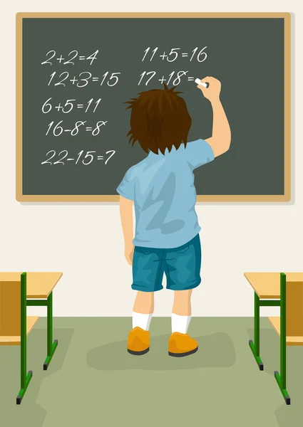 Okul çocuğu arkadan görünüm yazı tahtası üzerinde aritmetik çözer — Stok Vektör