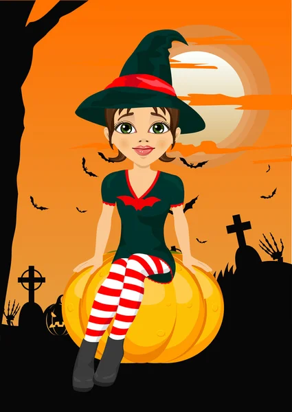 Festa de Halloween com bruxa bonito sentado na abóbora agains cartão de saudação com abóboras, morcegos e lápide —  Vetores de Stock