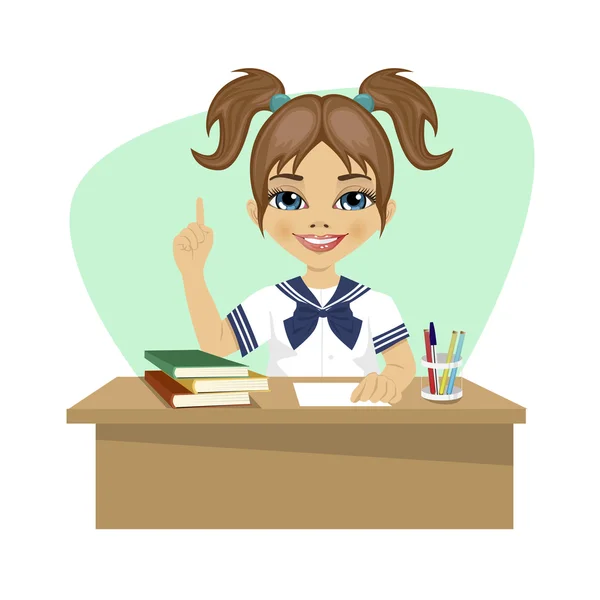 Cute little girl sitting at desk having idea — Stock Vector